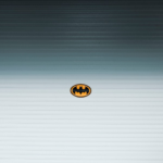 Das gelbe Fledermausemblem von Batman auf einem hellgrauen Rolltor
